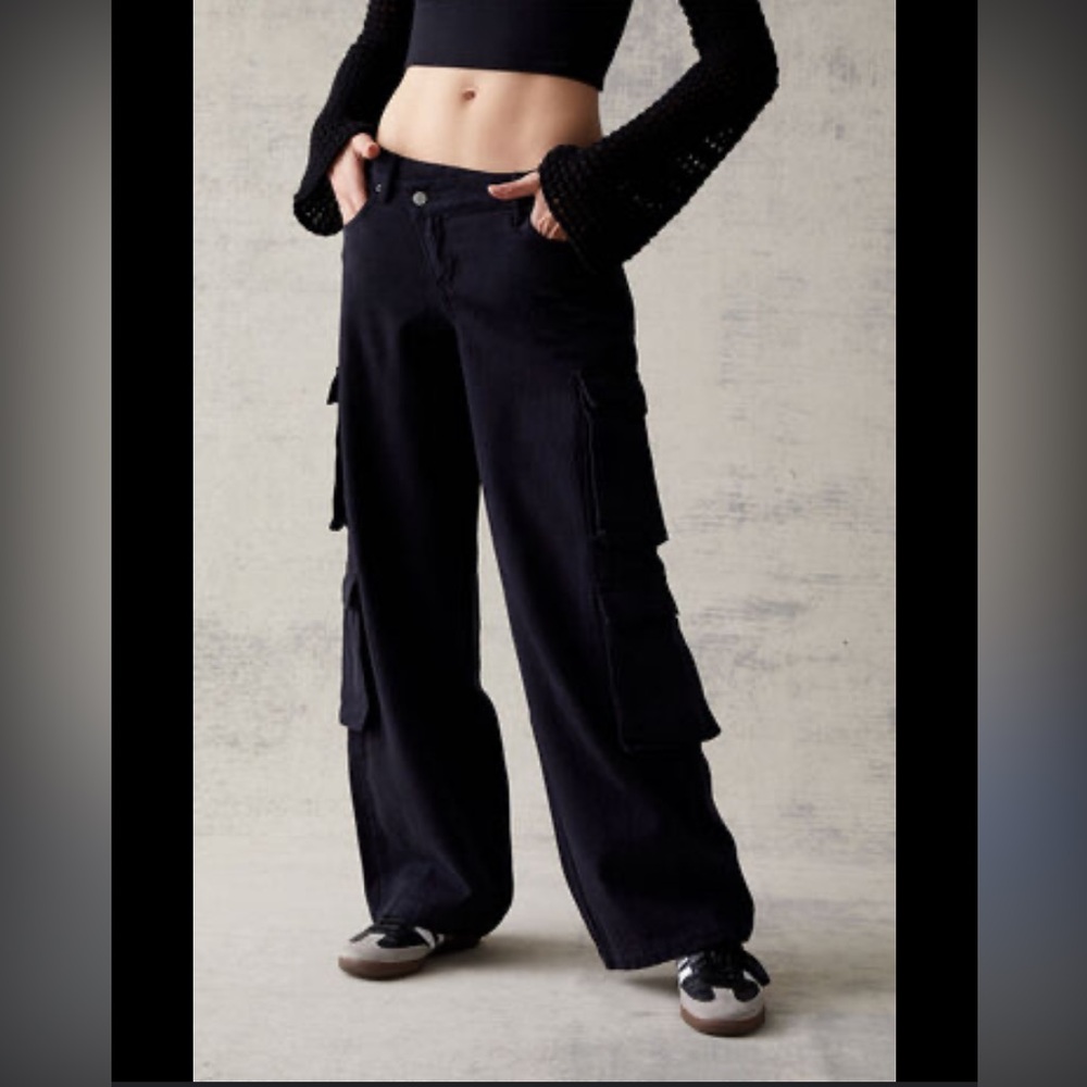 Pacsun Black Asymmetrical '90s Baggy Cargo Jeans Pants 26 Small Wide Leg - Picture 15 of 15